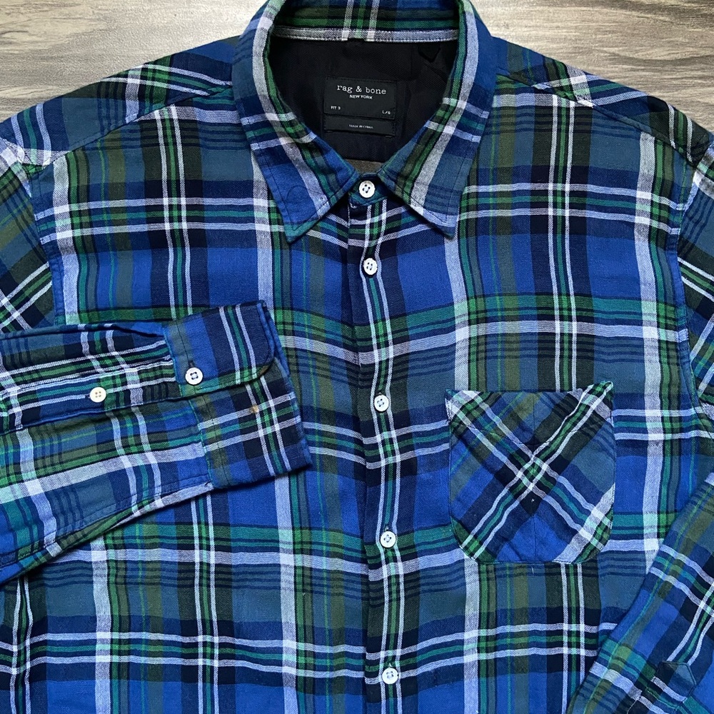 rag & bone Vibrant Blue and Green Plaid Shirt fit 3